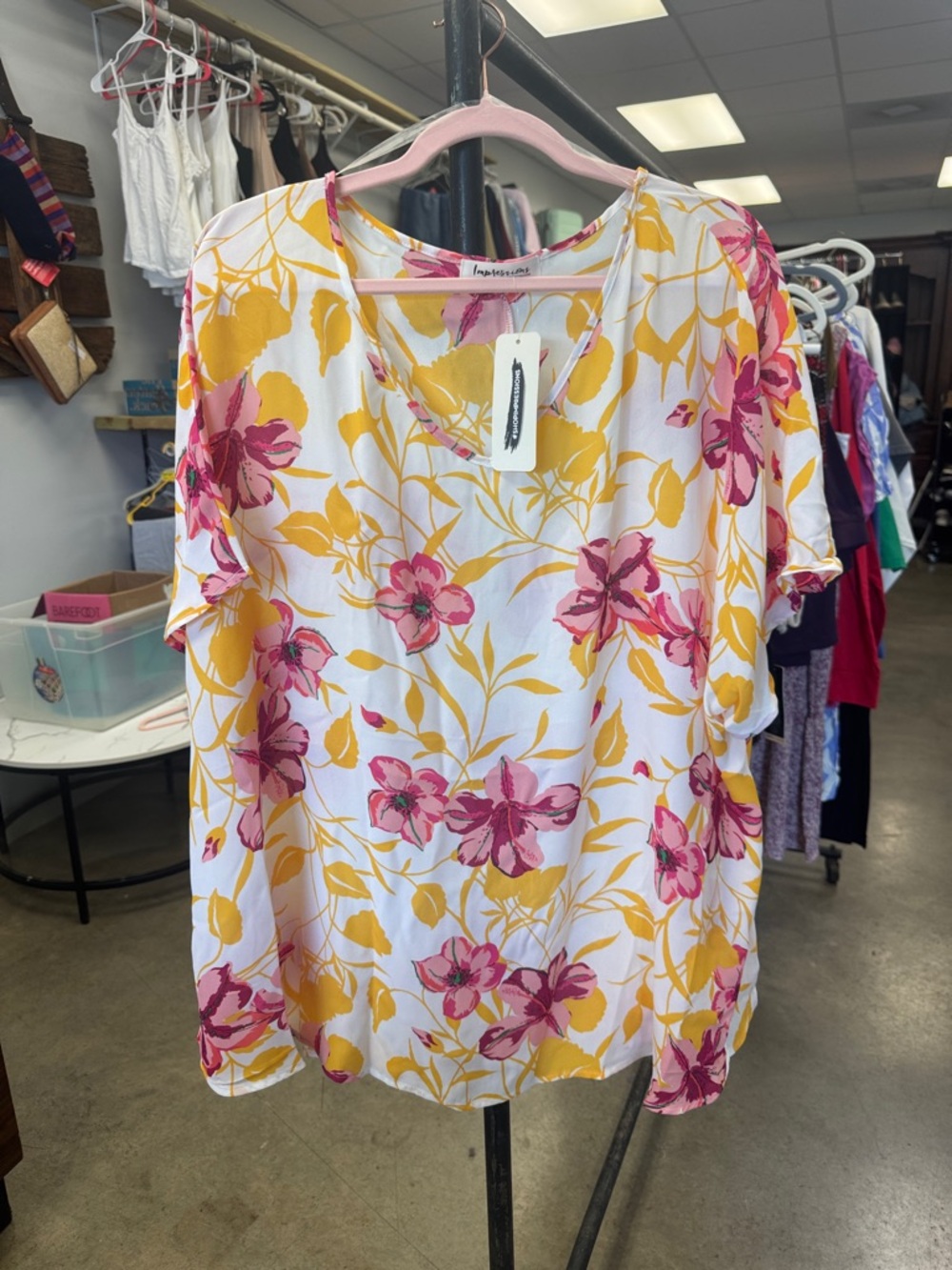 Impressions White V-Neck Floral Blouse with Yellow & Pink Blooms